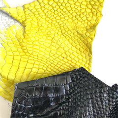 hand dyed alligator leather experiment, vibrant yellow and black