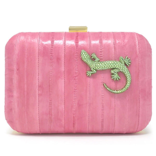 "Prom Queen" clutch in pink eelskin with green crystal lizard