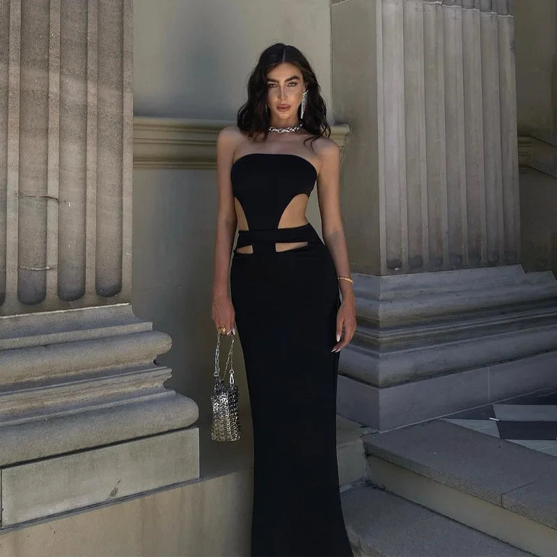 Elegant Black Evening Dress with Hollow Slit and Strapless Design