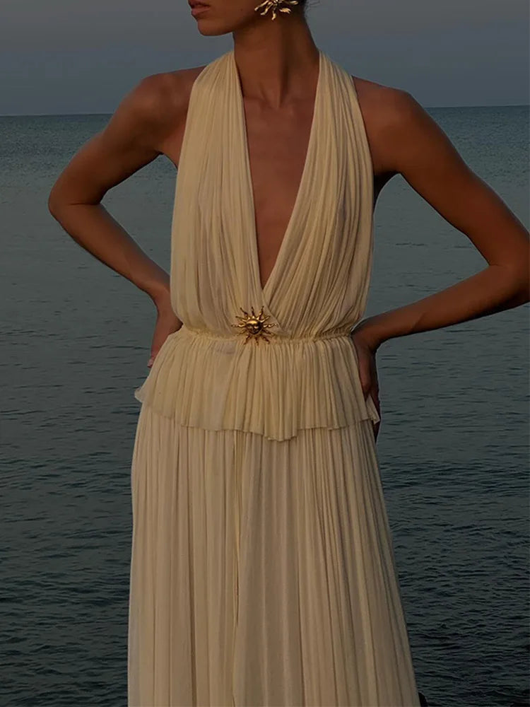 Deep V Neck Lace Up Halter Top Skirt Set