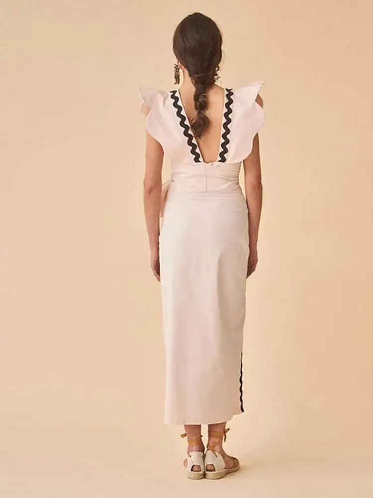 Patchwork Lace Up Midi Dress, Square Neck Backless Slim Dress - Image 4