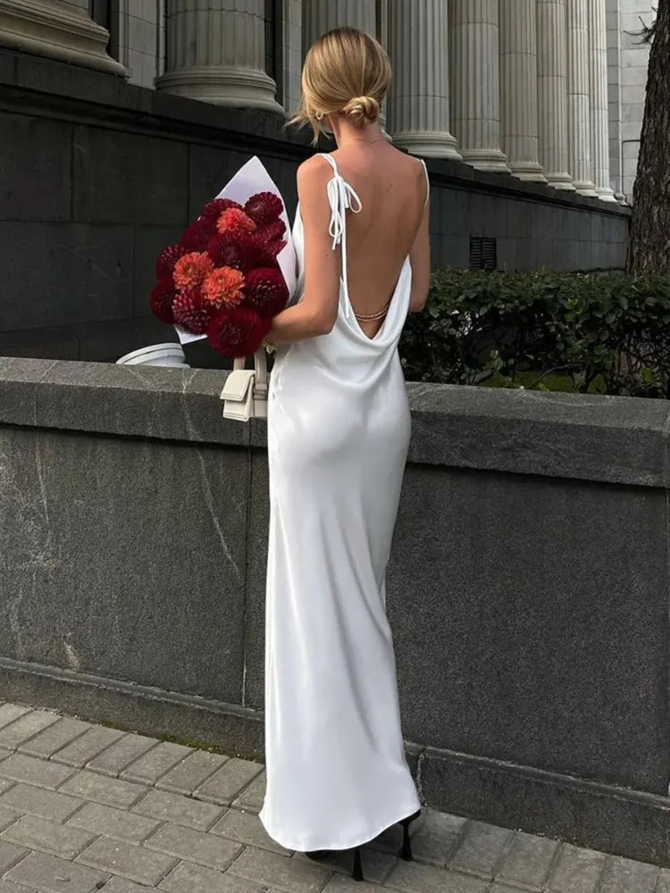 Satin Swing Neck Split Dress: Backless Lace-Up Night Party Robe