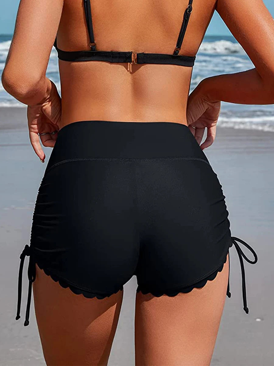 High Waist Drawstring Bikini Bottom with Ruffled Hem & Side Detail
