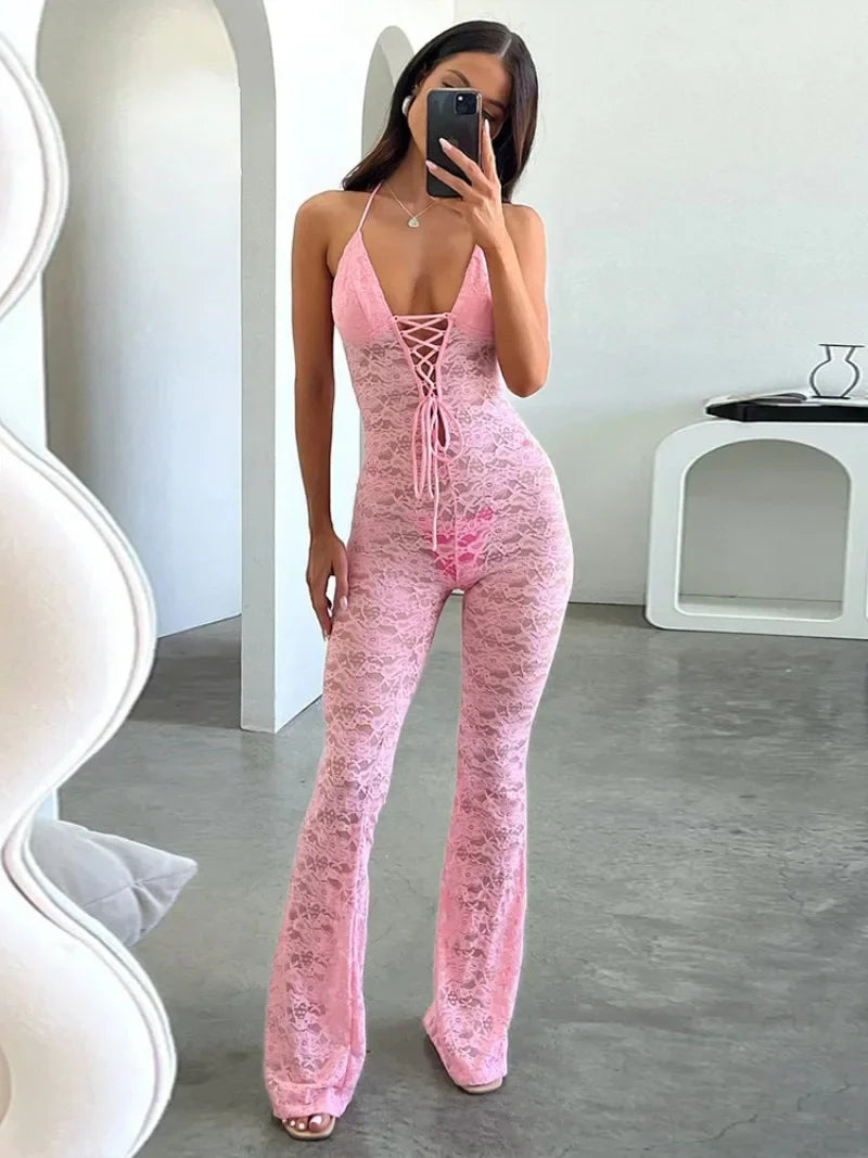 Summer Sleeveless Lace Jumpsuit: Sexy Halter Neck Backless Outfit