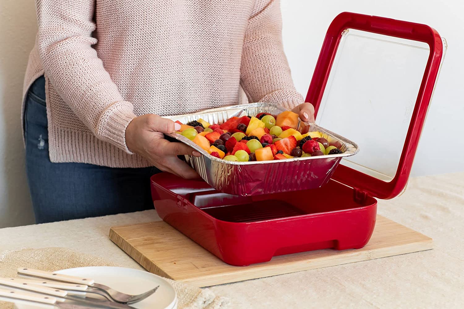 Fancy Panz 2-in-1 Dress Up & Protect Your Foil Pan, Made in USA, Fits 2  size of foil pans. Foil Pan & Serving Spoon Included. Hot or Cold Food.  Stackable for easy