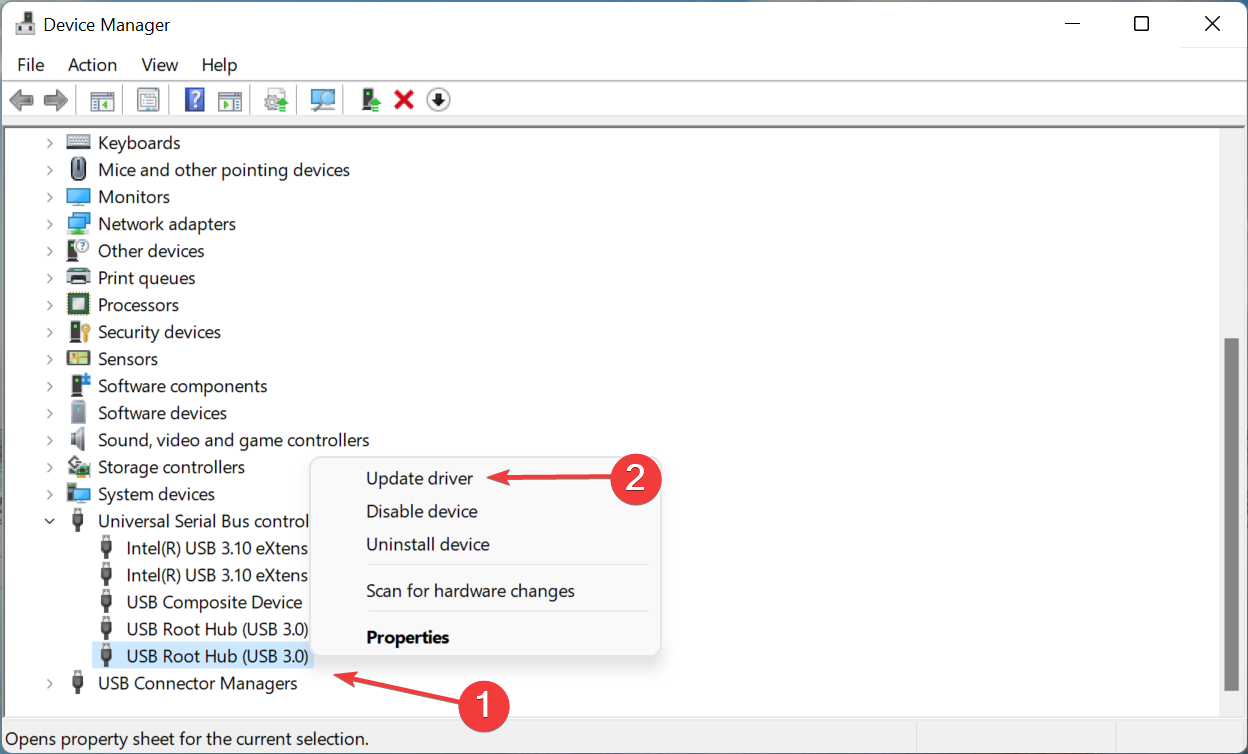 4. Right-click on the USB port device and select Update Driver from the context menu.