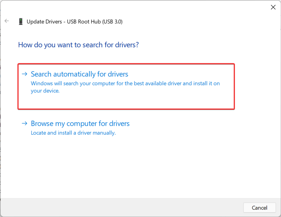 5. Finally, select Search for drivers automatically from the two options in the Update Drivers window.