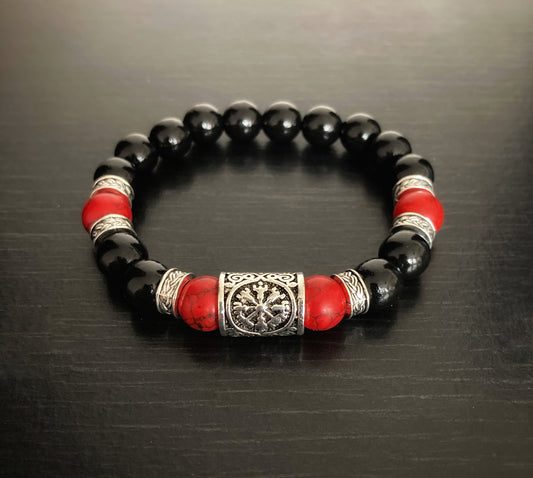 Handmade Red Turquoise Gemstone Black Lava Bead Vegvisir Viking