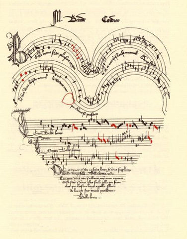 Score of Baude Cordier's chanson "Belle, bonne, sage," from The Chantilly Manuscript, Musée Condé 564. 