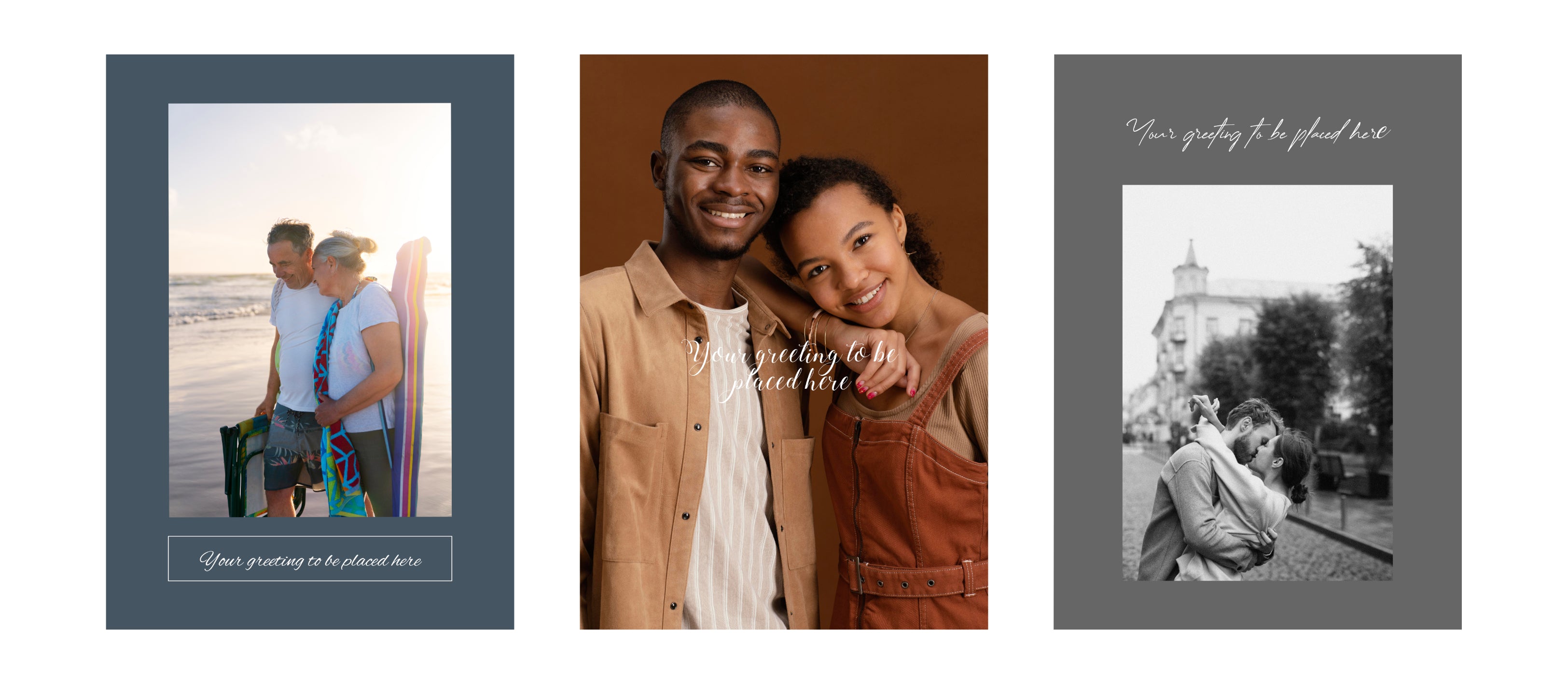 3 unique customised card templates each showing a different couple in love