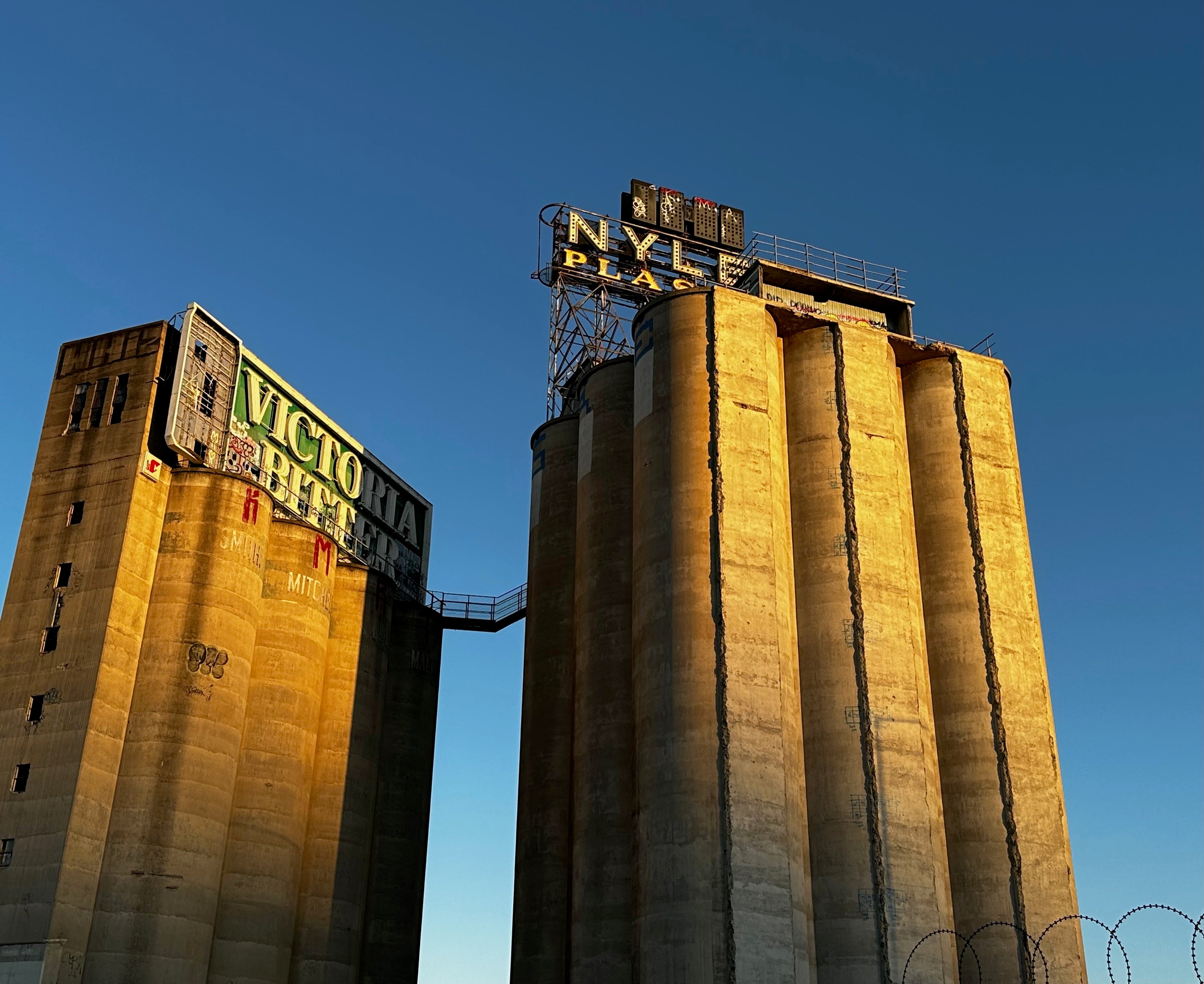 Old malt silos lit up by the sun in golden hour against a darkening blue sky