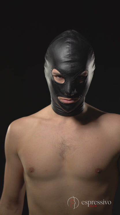 Tight leather BDSM hood - open eyes & mouth - real leather
