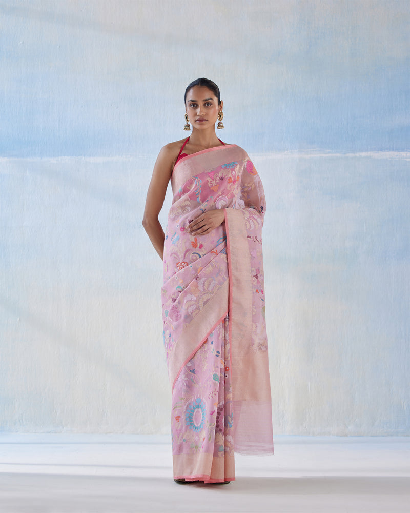 Buy online Organza Silk saree with Multicolor woven Border - Pink-AF2083