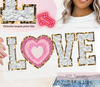 Love DTF Transfer, creative chenille like print, ready to press DTF transfer to most fabrics. Beautiful white chenille like love letters with pink shades heart and Gold sequin like edges | LuxuryDTF.com