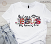 Close up of 'Jesus, His love is strong' DTF transfer on model's white shirt | LuxuryDTF
