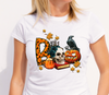 Model showcasing close-up of whimsical Halloween cartoon DTF transfer on a white shirt - LuxuryDTF.com