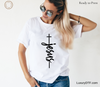 'Jesus' Heat transfer vinyl applied to model white shirt, great for unisex design | LuxuryDTF