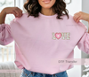 Love DTF Transfer, creative chenille like print, ready to press DTF transfer to most fabrics. Beautiful white chenille like love letters with pink shades heart and Gold sequin like edges | LuxuryDTF.com