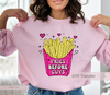 Fries Before Guys, Funny DTF Transfers, Ready to press on most fabrics, This funny design has glitter effect. Pink box with glittery gold fries, and heats | LuxuryDTf.com