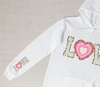 Love DTF Transfer, creative chenille like print, ready to press DTF transfer to most fabrics. Beautiful white chenille like love letters with pink shades heart and Gold sequin like edges | LuxuryDTF.com