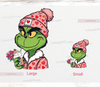 Pink Grinch DTF transfer, with red hearts, drinking his favorite coffee frap.Funny valentine grinch DTF transfer, Ready to press in seconds | LuxuryDTF.com