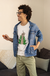Model posing in white shirt featuring vibrant smoking weed DTF print