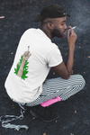 Close-up of smoking weed DTF transfer design on white shirt worn by model