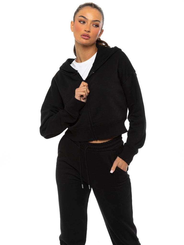 TheMogan Women's Active Wear SET Zip Up Crop Hoodie Jacket & Drawstring  Shorts 2 Piece