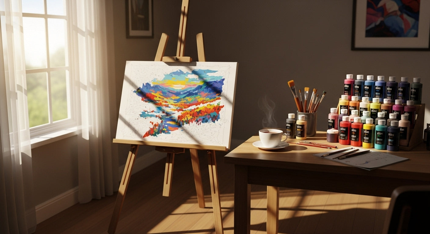 A sunlit painting setup with a paint by numbers canvas, brushes, and a cup of tea, creating a relaxing environment.