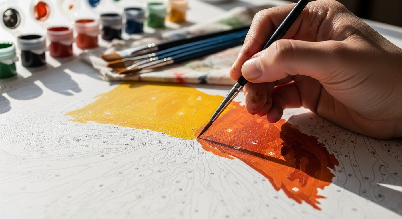 Close-up of brush strokes showing smooth color transitions in a paint-by-numbers artwork.