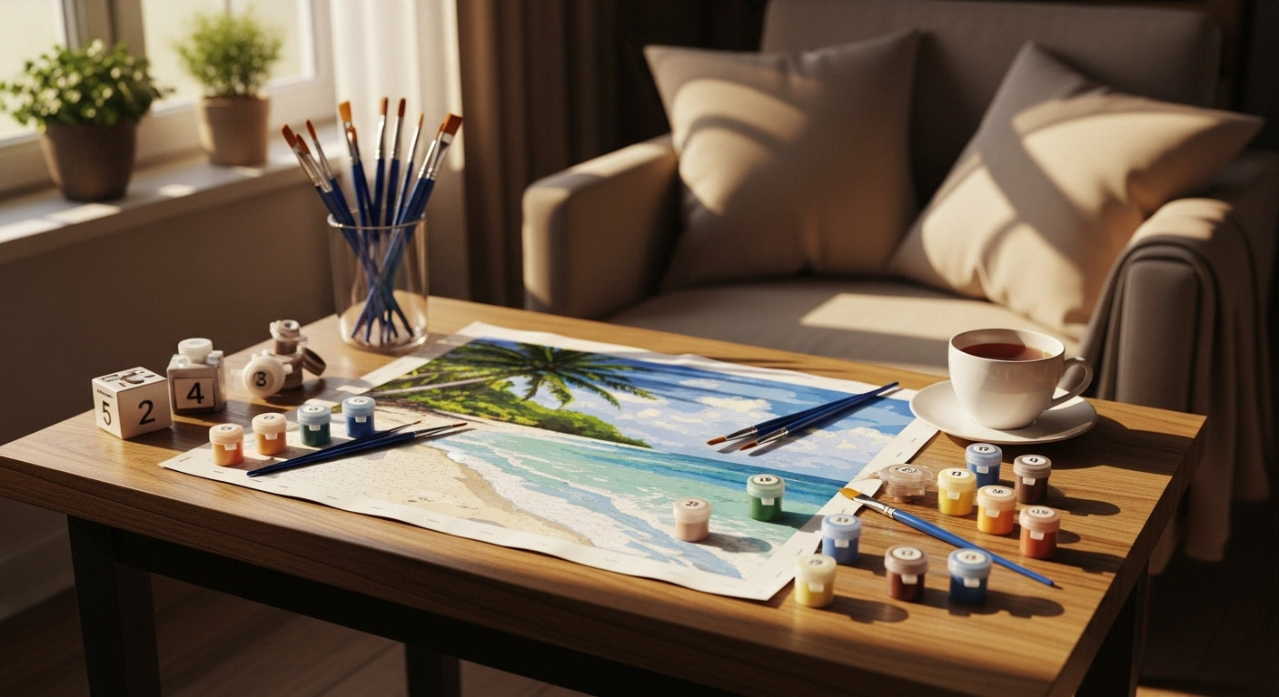 Cozy corner with brushes, paint pots, and a partially completed relaxing artwork.