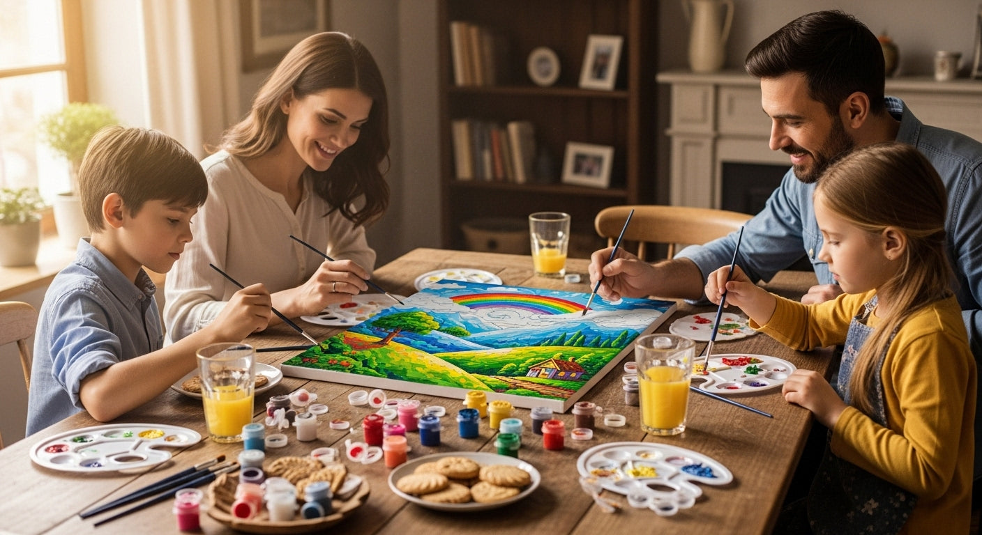 Family painting a paint-by-numbers canvas together around a table, smiling and enjoying quality time.