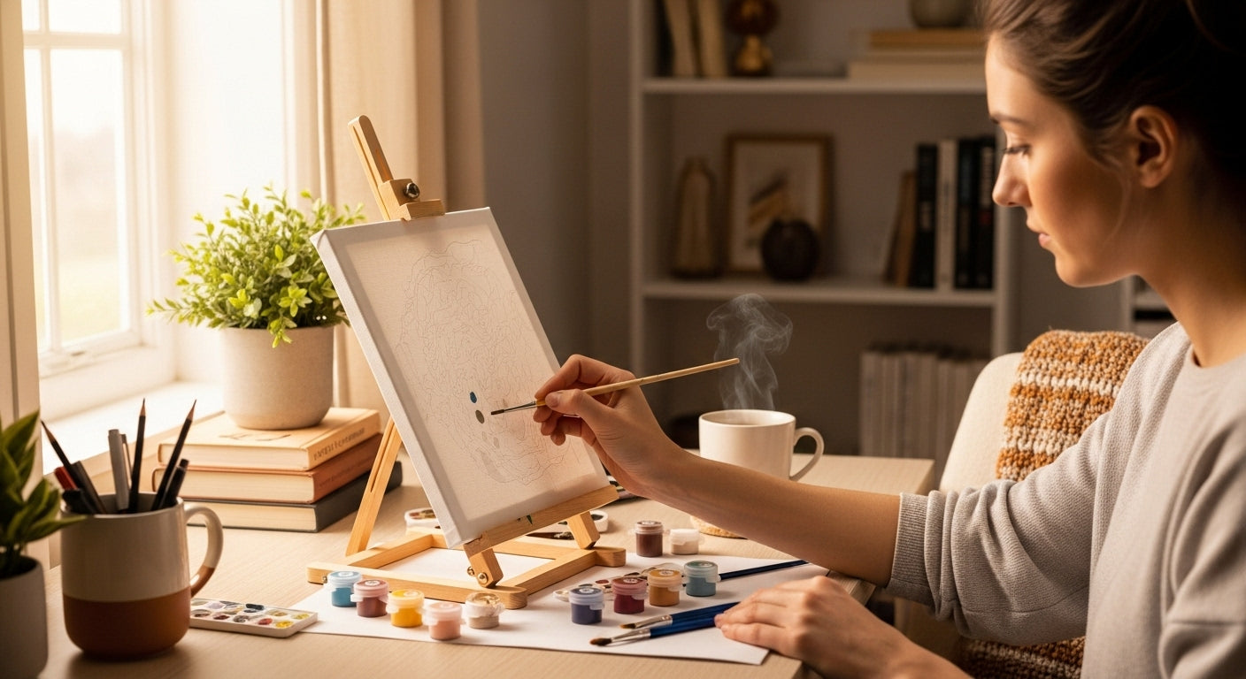 Person relaxing while painting a paint-by-numbers canvas at home.