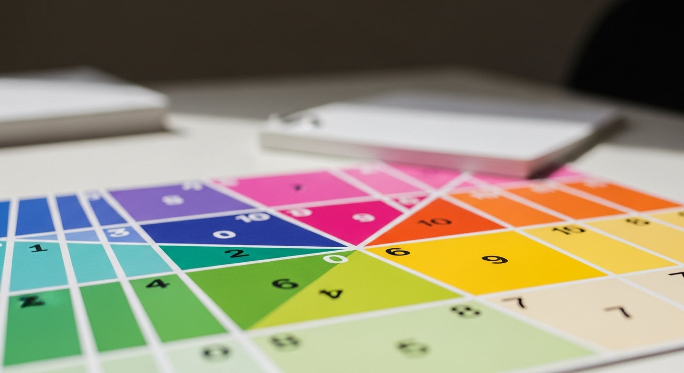 Vibrant paint samples arranged on a table, illustrating different color options for creative kits.
