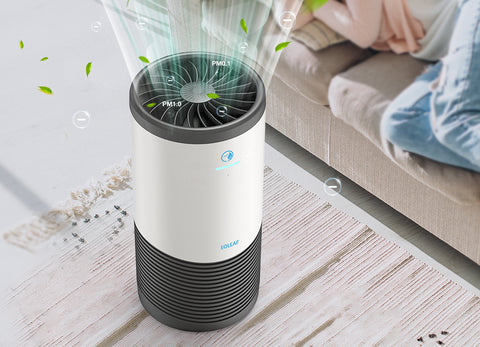 Eoleaf's AEROPRO 100 air purifier pulling in particulate matter (PM) particles
