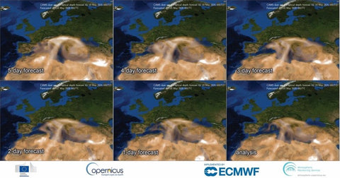 Images satellites de l'évolution de la poussière du désert à l'approche de l'Europe