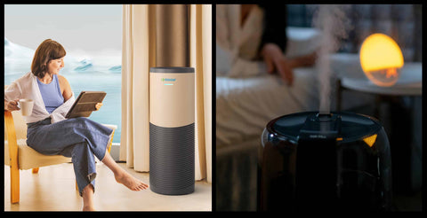 A woman sitting next to an air purifier (left) and a humidifier (right)