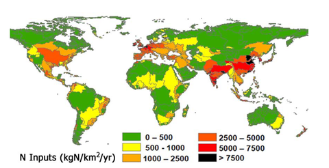 Carte du monde montrant les apports anthropiques d'azote par pays