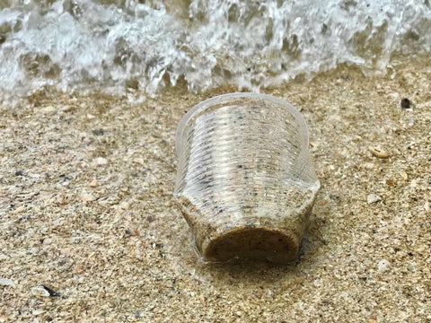 Un gobelet en plastique à usage unique échoué sur la plage