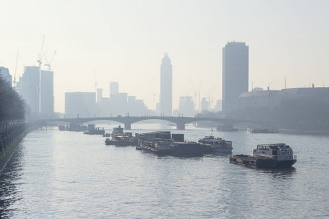 A city port covered in smog