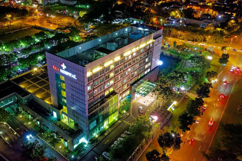 A bird's eye view of a hospital at night