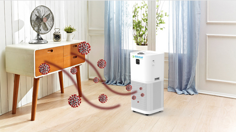 Air purifier treating viruses in a bright room