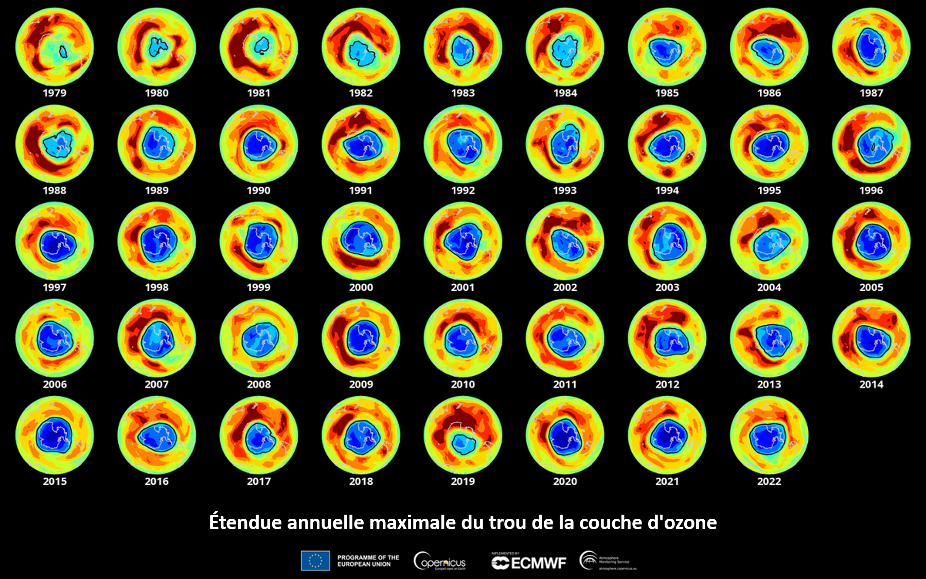 Progression du trou dans la couche d'ozone de 1979 à 2022