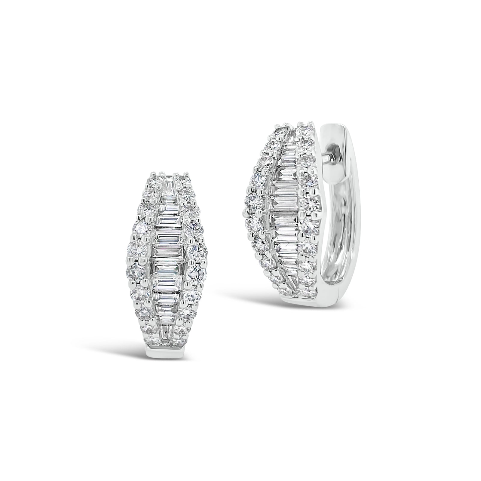 DIAMOND HUGGIE HOOPS WITH DANGLE BAGUETTE DIAMONDS – Diamond Bar Jewelry