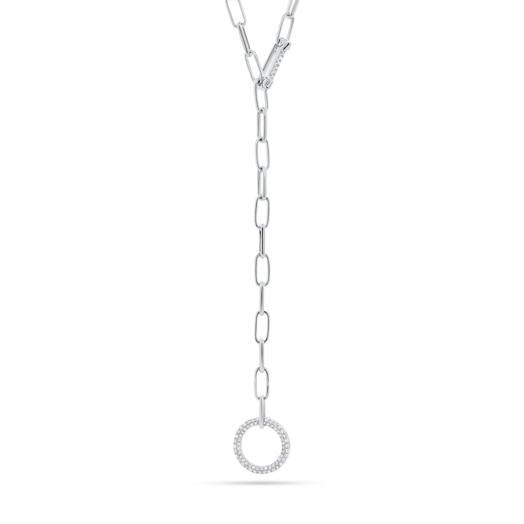 Diamond Circle Lariat Necklace with Paperclip Chain