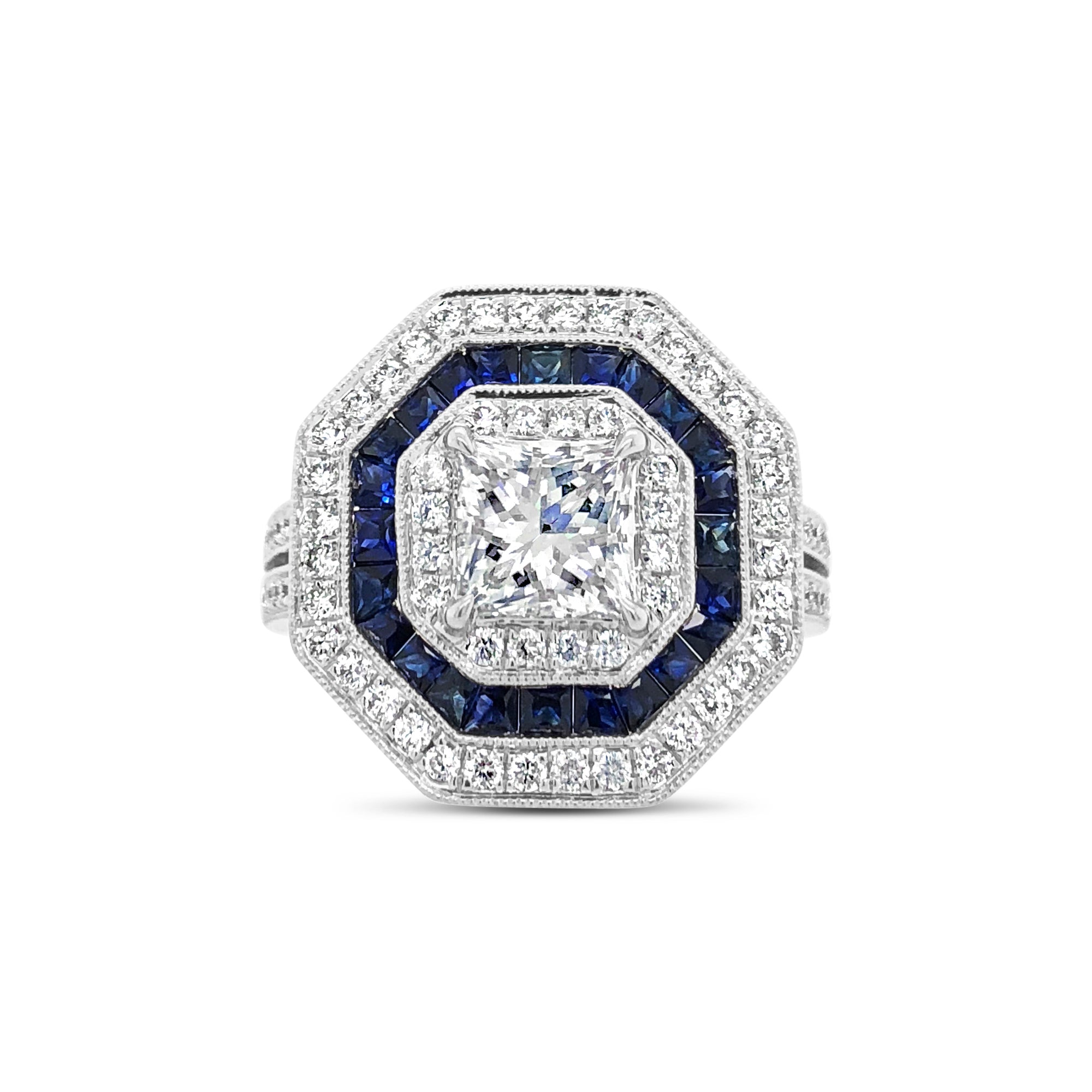 2.10 Ct Princess Cut Blue Sapphire & Round Cz Solitaire W/Accents Enga –  atjewels.in