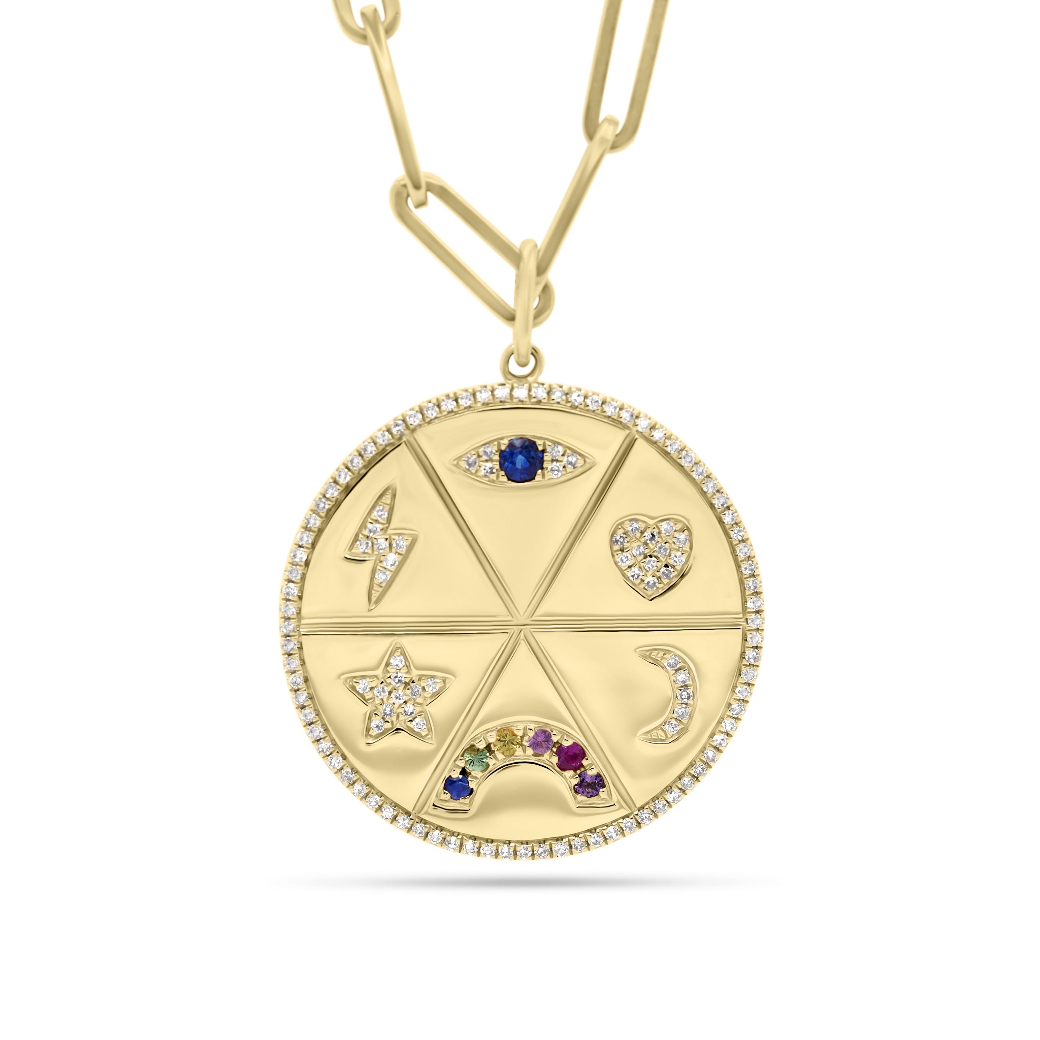 Diamond & Multicolor Gemstone Lucky Symbols Large Disc Pendant