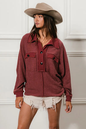 BiBi Cp French Terry Cut Edge Detail Collared Top - Kylie Allison