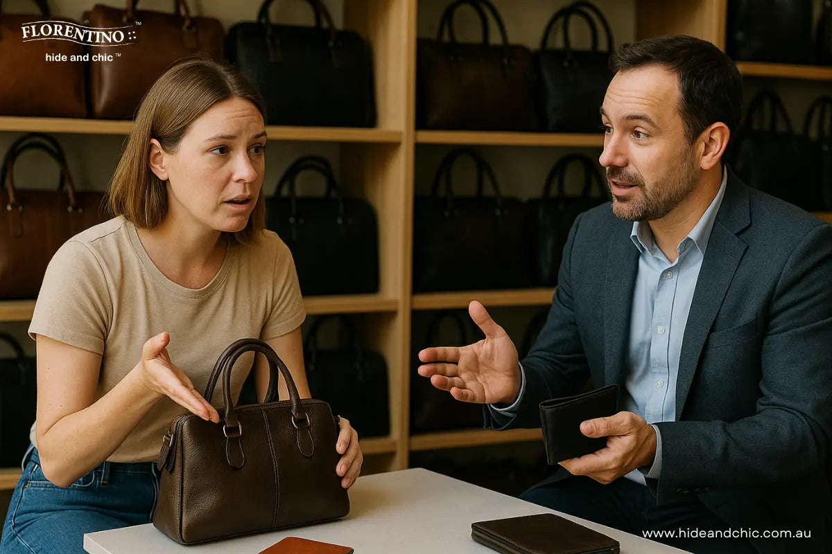 People discussing about leather goods