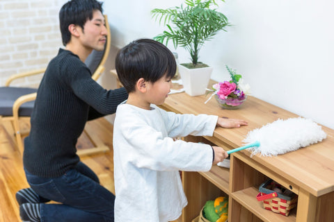 Dad and son cleaning together